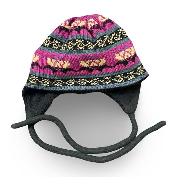Vintage Turtle Fur Beanie Hat Made In Vermont Pink Fair Isle Chullo Earflap Wool